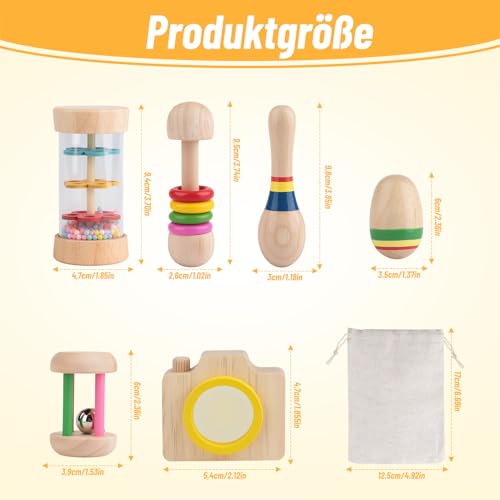 6pcs Montessori Holz Baby Rassel - Musik Holz Spielzeug, Montessori Sensorik Spielzeug, musikinstrumente Geschenk für Jungen und Mädchen, Geburtstagsgeschenk für Kinder und Toddler