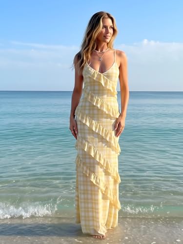 Image of HOCILLE Women's Sexy V Neck Backless Bodycon Spaghetti Strap Elegant Ruffle Maxi Cocktail Party Dresses