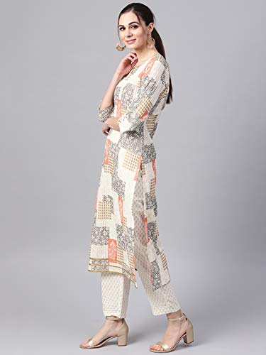 Image of idaLia Women's Off White Printed Cotton Kurta with Printed Pants