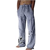 Womens Fashion Men's Ethnic Style Printed Sweatpants Linen Vintage Elastic Waist Lace up Casual Pants Loose Fit Hippie Boho Trousers