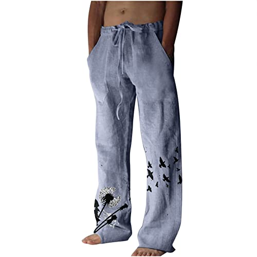 Womens Fashion Men's Ethnic Style Printed Sweatpants Linen Vintage Elastic Waist Lace up Casual Pants Loose Fit Hippie Boho Trousers