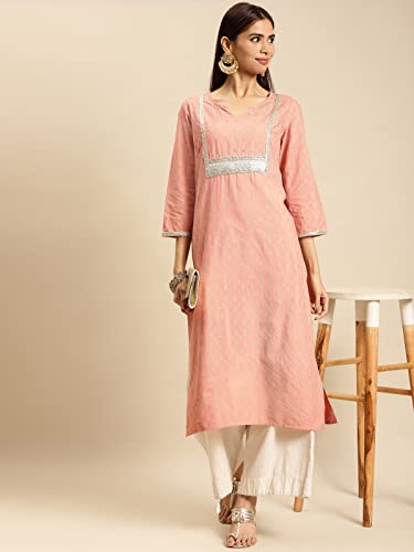 Image of rangita Peach Rayon Calf Length Embellished Straight Kurti for Women | Kurta for Women