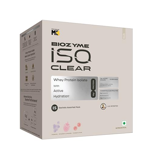 Image of MuscleBlaze Biozyme Clear Whey Isolate, Assorted Flavours, 15 Sachets | 15g Protein Per Sachet in Strawberry Lemonade, Grapevine & Cranberry Crush Flavours