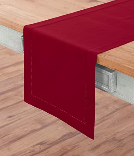 image for Solino Home Cotton Linen Table Runner 14 x 36 Inch – Hemstitch Red T
