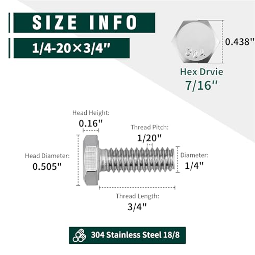 Image of (10 Sets) 1 /4-20 x 3 /4 inch Hex Bolt and Nut Kit, 304 Stainless Steel (18-8), Fully Threaded, Flat & Lock Washers Included