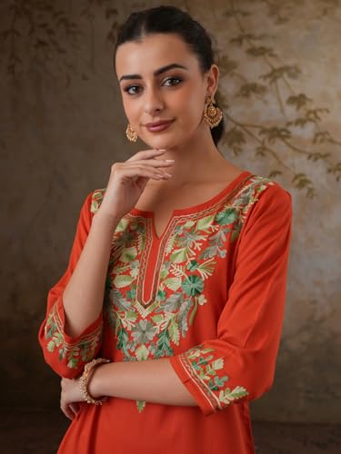 Image of QAZMI Women's Noor Kashmiri Aari Work Viscose Rayon Straight Kurta