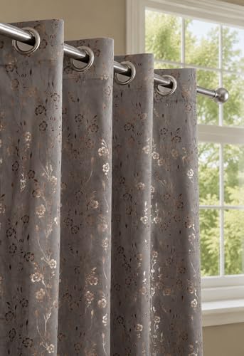 Image of Velvet Golden Foil Flower Pattern Curtains 7 Feet Long Pack of 1, Grey