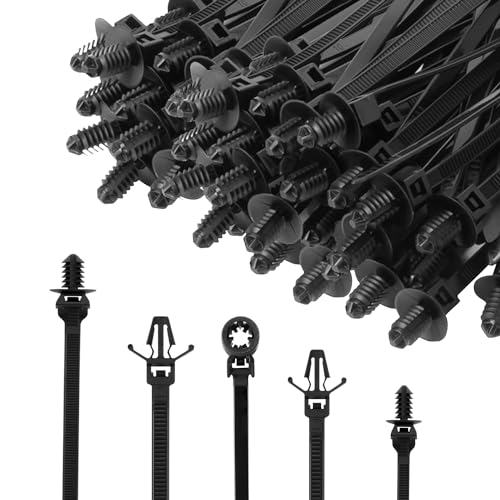 XINGO 210 PCS Universal Nylon Push Mount Zip Ties Assorted Sizes Heavy Duty Nylon Push Mount Self Locking UV Resistant Wire Ties 5 Most Popular Sizes for Indoor Wire Tying Construction Auto