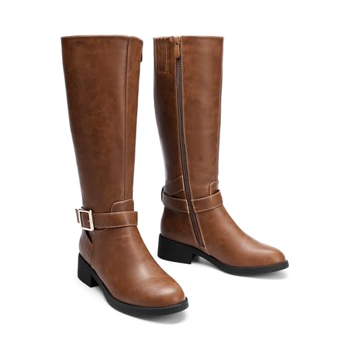 DREAM PAIRS DREAM PAIRS Women's Knee High Riding Boots Comfortable Low Chunky Heel Side Zipper Round Toe Casual Classic Ranching,Size 9.5,Light Brown,SDKB2307W