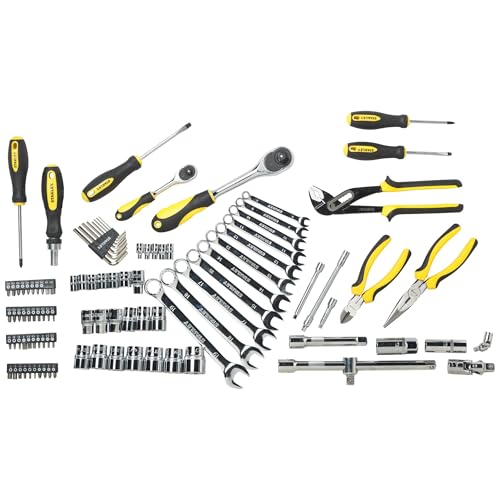 STANLEY STMT81243 110-Piece High Quality Multi-Toolkit containing Pliers, Spanners, Drivers, Sockets, Bits, Wrenches & Ratchets for Home, DIY & Professional Use, 1 Year Warranty, Yellow & Black