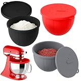 Gvode Lot de 3 Bols en Silicone avec Couvercles pour KitchenAid 4,5 5 QT Robot Pâtissier Tête Inclinable, Accessoire Compatible pour KitchenAid Artisan, Épais, Inodore, Antiadhésif, Noir/Rouge/Gris