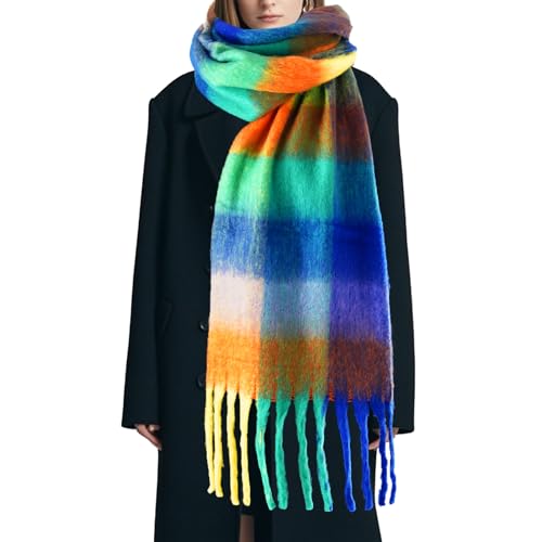 hoyuwak Large Chunky Plaid Scarf Colorful Plaid Oversized Scarves with Tassel Winter Warm Shawl Soft Thick Scarfs for Women Christmas New Year