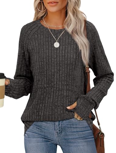 Image of Saloogoe Women's Long Sleeve Top Crewneck Basic Lightweight Fall Shirt with Thumb Hole