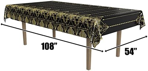 Beistle 2-Count Great 1920s Tablecover, Art Deco Decor & Table Decorations for Party, Hollywood Decor, Plastic Black & Gold Plastic Cover, 54" x 108"