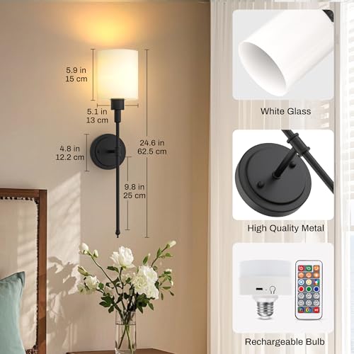 Image of DORESshop Battery Operated Wall Sconce Set of 2, Wireless Wall Light Easy to Install, 10 Color, Sconce Wall Decor Set of 2 for Bedroom, Living Room, Black and Milky White Glass Shade, 24.3in