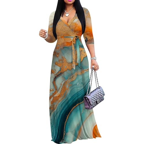 Image of PinkPatty Women's Print Maxi Dresses 3 /4 Sleeve Flowy Long Dress V Neck Wrap Tie Waist Sundress