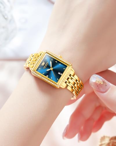 Image of OLEVS Gold Watches for Women Original Luxury Small Square Diamond Wrist Watch Analog Quartz Stainless Steel Waterproof Stylish Ladies Watch Date