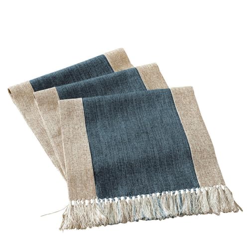 HomeyHo Heavy Rustic Table Runner with Fringe Blue Table Runner for Dining Room Linen Table Runner Living Room Boho Table Runner Farmhouse Style Washable Wide 15 x 71 Inch, Blue