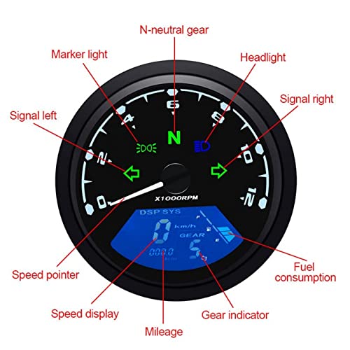 Kaolali Digital Gauge Motorcycle Speedometer/Tachometer/Odometer 12000Rpm 199 Kmh Mph Universal For 1,2,4 Cylinders With Multi-Function Indicator Light 12V #TOP1