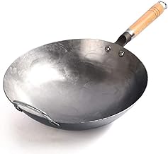 WYOERN Wok de ferro forjado à mão, wok tradicional martelado à mão com alças auxiliares e de aço, usado para cozinhar wok em restaurantes familiares - 34 cm