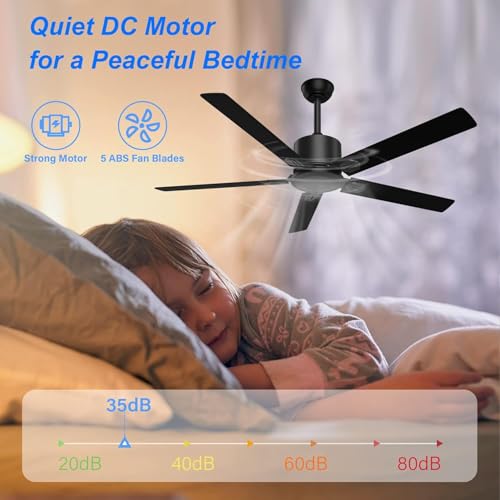 Image of Obabala 52 in Black Ceiling Fan No Light, Outdoor Ceiling Fans with Remote Control without Light, 5 Blades, 6 Speed Reversible DC Motor Modern for Patios, Garage, Bedroom, Porch