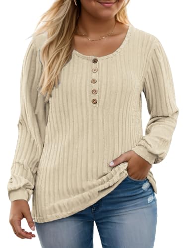 ROSRISS Womens-Plus-Size-Tops Trendy Long Sleeve Henley Shirts Casual Ribbed Knit Tunics Dressy Crewneck Pullover Sweaters2