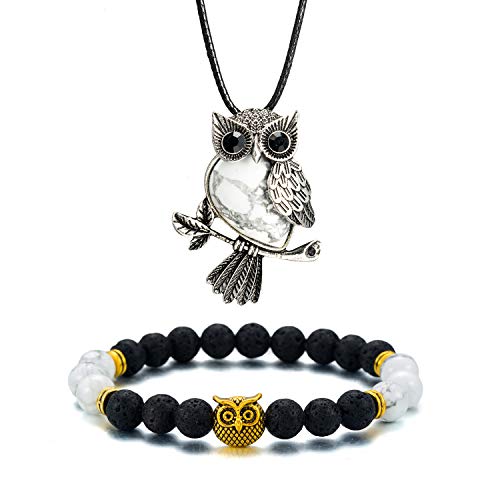 Softones Owl Necklace Healing Crystals for Women Men Reiki Spiritual Energy Gemstone Lava Owl Bracelet Set Gifts With Gift Box