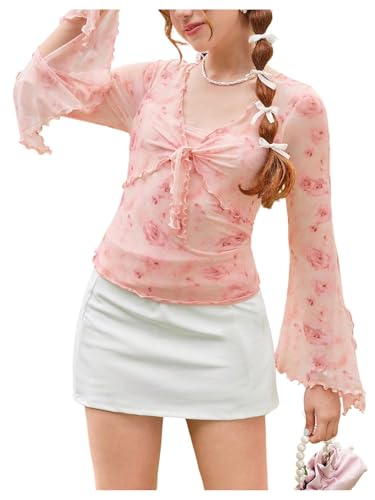 SOLY HUX Girl's Floral T Shirt Tie Front Bell Long Sleeve Tee Lettuce Trim Slim Fitted Tops