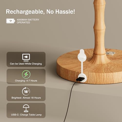 Image of Dawnwake Table Lamp Cordless Bedside Desk Lamp,Rechargeable Battery Operated Lamps for Bedroom Night Stands,3 Colors Touch Dimmable Small Table Kitchen Lamps,4000mAh LED Wood Grain