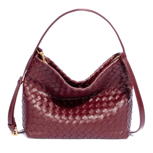 Woven Tote Bag for Women Designer Shoulder Handbag Leather Top Handle Hobo Purses(Burgundy)