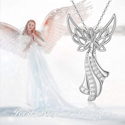 Motiel Angel Fairy Pendant Necklace With Diamonds In 925 Sterling Silver White Gold Plated Faith Blessed Necklace Jewelry Gift For Princess Girls Women 18+2 Inches #TOP1