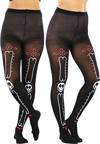 Image of ToBeInStyle Women's Sugar Skull Dia de los Muertos La Catrina Skeleton Bones Tights & Thigh High Stockings