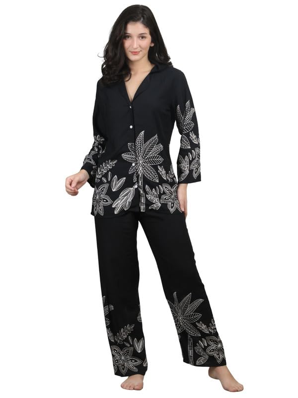 Womens Rayon Printed Black Night Suit Shirt and Pajama Set | Soft Viscose Rayon Sleepwear | Button Down Shirt Collar | 3/4th Sleeves | Comfortable Loungewear-picture-31
