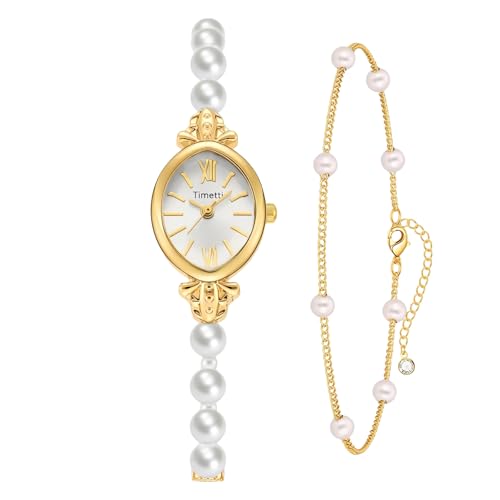 Montre pour femme à cadran ovale CARLIEN le cadeau vintage élégant aux perles dorées idéal