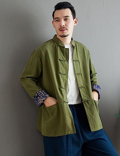 Mens Chinese Traditional Tang Suit Jacket Long Sleeve Patchwork Rolled Cuff Mandarin Collar Frog-Button Shirt2