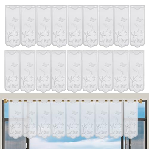 WestCH 2 Piezas Blanco Cortina Ventana Pequeña, Cortinas Cocina con Bolsillo de Barra, Blanco Semitransparente Visillos Cortos con Delicados Mariposas y Flores para Ventana Cocina Salón, 130 x 45 cm