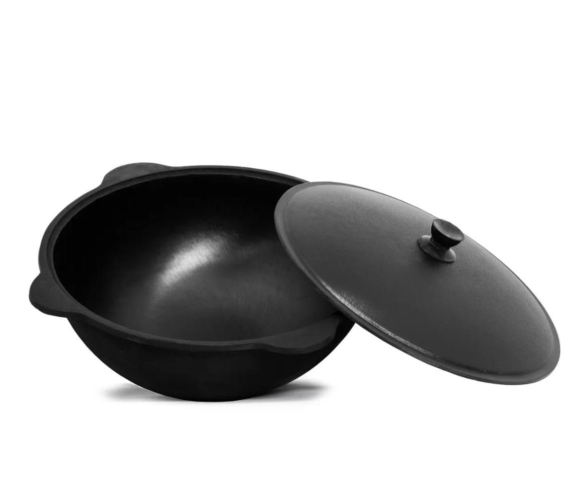 Kazan Fonte Ø 46,6 cm 16 l avec couvercle en aluminium, écumoir 48 cm Louche 48 cm Louche 48 cm Casserole Uzbekistan de qualité supérieure 16 l Fonte avec couvercle en aluminium 44⌀