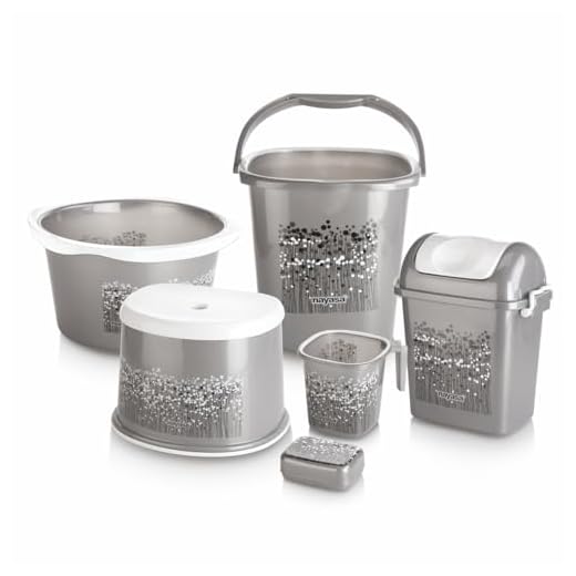 Nayasa Round Bathroom Set 6-Pieces - Bucket (25 litres) with Mug (1.5 litres),Basin (20 litres),Dustbin (14 litres), Stool & Soap Case,Black| Bathroom Accessory Set(Plastic)