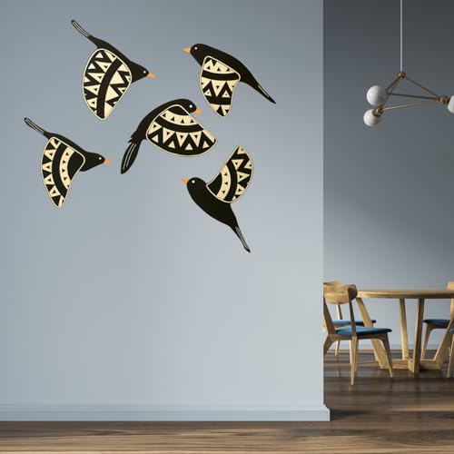 Image of GiftOday Wooden 3D 5 Pieces Birds for Wall Art Panel | Wood Bird Folk Art Wall Hanging Art Decoration Item for Living Room, Bedroom, Drawing Room, Dining Room & Office (Black) Pack of 1