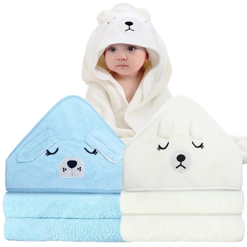 ROXANEPIG 2 peças toalha de bebé, toalha de banho com capuz para bebé, toalha com capuz, macia e super absorvente, lavável na máquina, toalhas de banho para crianças pequenas, 0-3 anos (azul, branco)