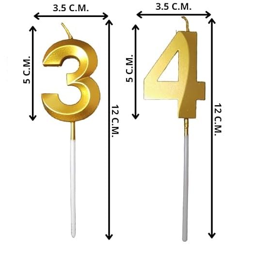 Image of ToyUniverse Number 34 Metallic Gold Candle for 34th Birthday, Anniversary, Surprise Party Cake Decoration (Pack of 2)