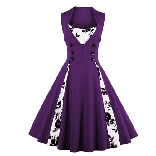 Generisch Damen Vintage Rockabilly Kleid im 50er Jahre Stil - Ärmelloses Swingkleid mit floralem Einsatz | Retro Cocktailkleid mit Zierknöpfen für...