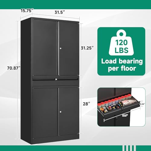 Image of Letaya Metal Garage Storage Cabinet with Drawer,4 Door Tool Cabinet with Lock-2 Adjustable Shelves for Garage Home Office Utility Room (Black)