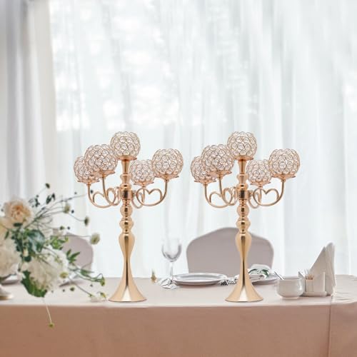 2Pcs Gold Crystal Candle Holders, 5 Arm Crystal Tall Candle Holders, 21.5''H Candle Holders Table Centerpiece, Metal Candle Holders Table Centerpiece for Wedding Party Event Room