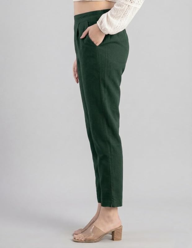 Image of Solid Cotton Woman Trousers Pants Regular Fit Kurti Pant with Drawstring Daily Office Formal Casual Use