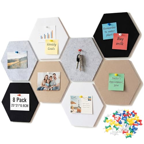 SRunDe 8 Piezas Tablero Corcho Hexagonal 25*21CM Corcho Hexagonal Autoadhesivo para pared con 50 Chinchetas Decorativas Pizarra de Fieltro para pared Oficina Escuela Hogar Decoración Pegatinas Notas