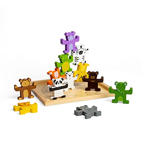 Image of Bigjigs Toys Wild Animal Stacker - 12 Animal Wooden Stacking Toys, for 1 2 3 Year Old, Baby Gift for 12 Months +