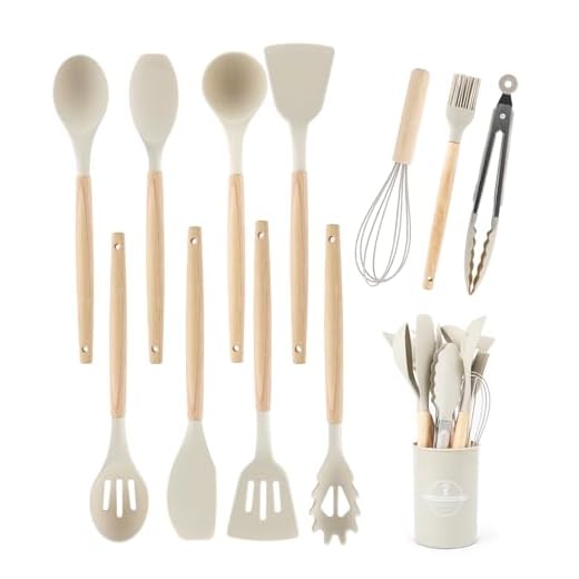 12 Piezas Utensilios Cocina de Silicona, Resistente al Calor Antiadherente, Juego de Utensilios de Cocina de Silicona,Apto para lavavajillas,Accesorios cocina,Juego de cubiertos con cubo(Caqui)