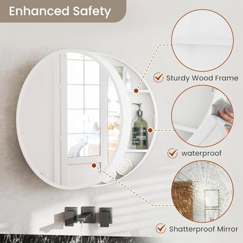 Image of iSTAR Round Mirror Cabinet with Storage Shelf | Bathroom Wall Mounted Mirror with Hidden Cabinet Organizer | Modern Wall Mounted Mirror for Bathroom - White