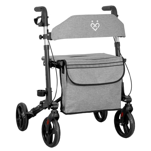 ForeverSenior Rollator - 3-fach faltbar und leicht mit Sitz und All Gelände Reifen, schmaler 7,2kg Reiserollator zum Klappen für Senioren